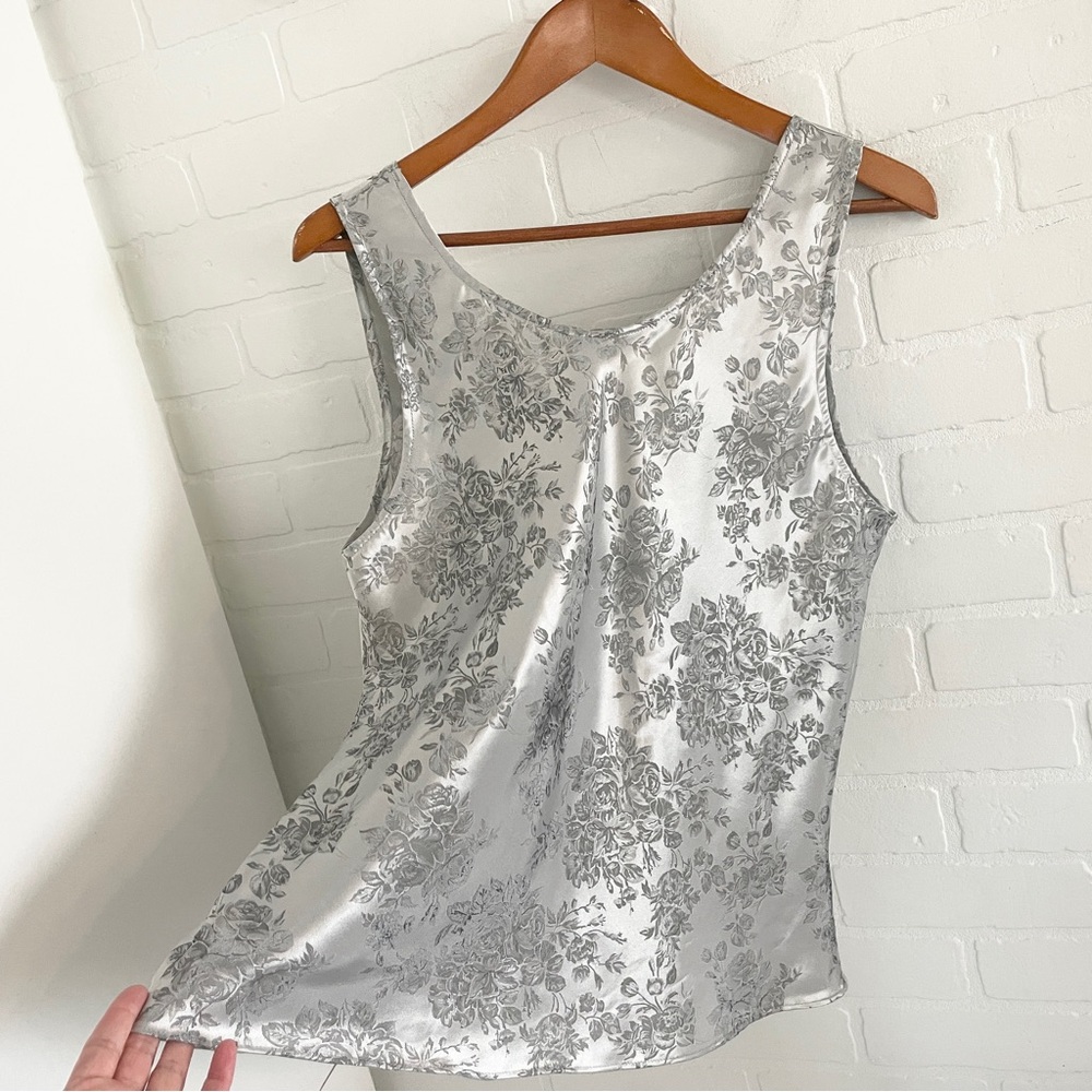 Vintage Silver Satin Baroque Roses Cami Iridescent Floral Tank Top sz XL/XXL - Picture 14 of 14